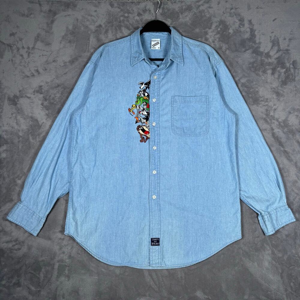 Vintage 90s Warner Bros Looney Tunes Denim Button Up Shirt Adult M Embroidered